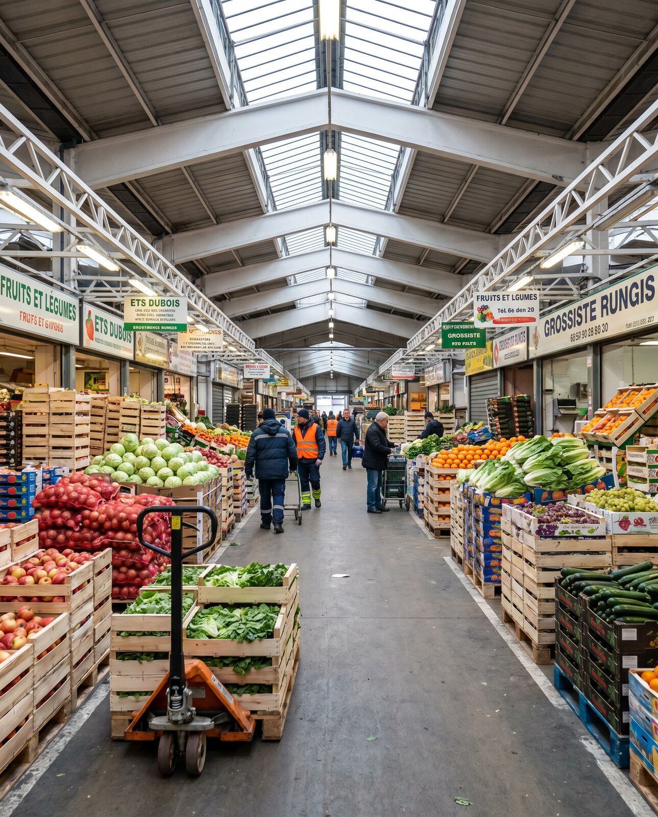 Pavillon des fruits et légumes du marché de Rungis : allée centrale bordée de cagettes de produits frais